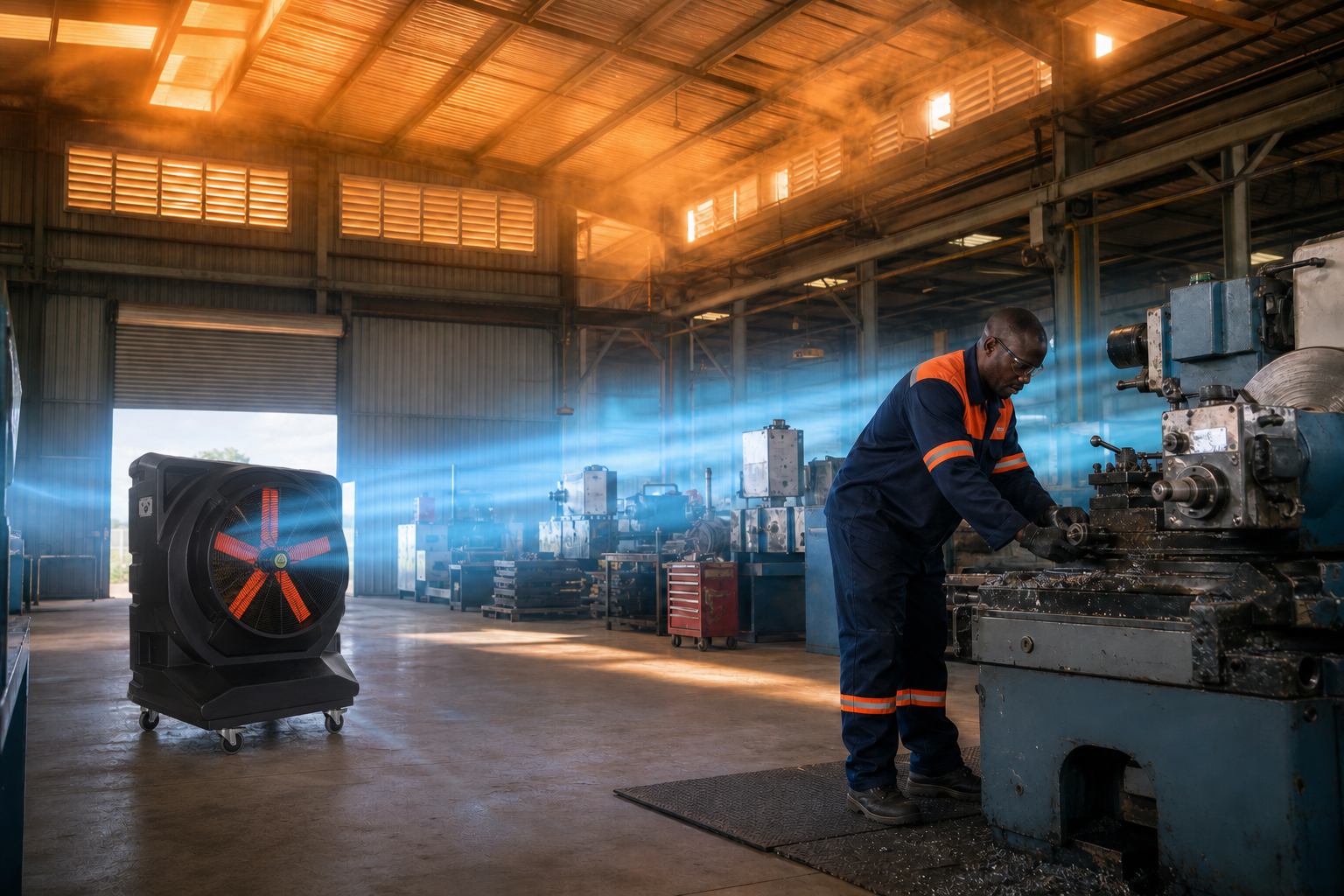 MaxCool Omega industrial evaporative cooler directing high-volume airflow through a hot South African workshop