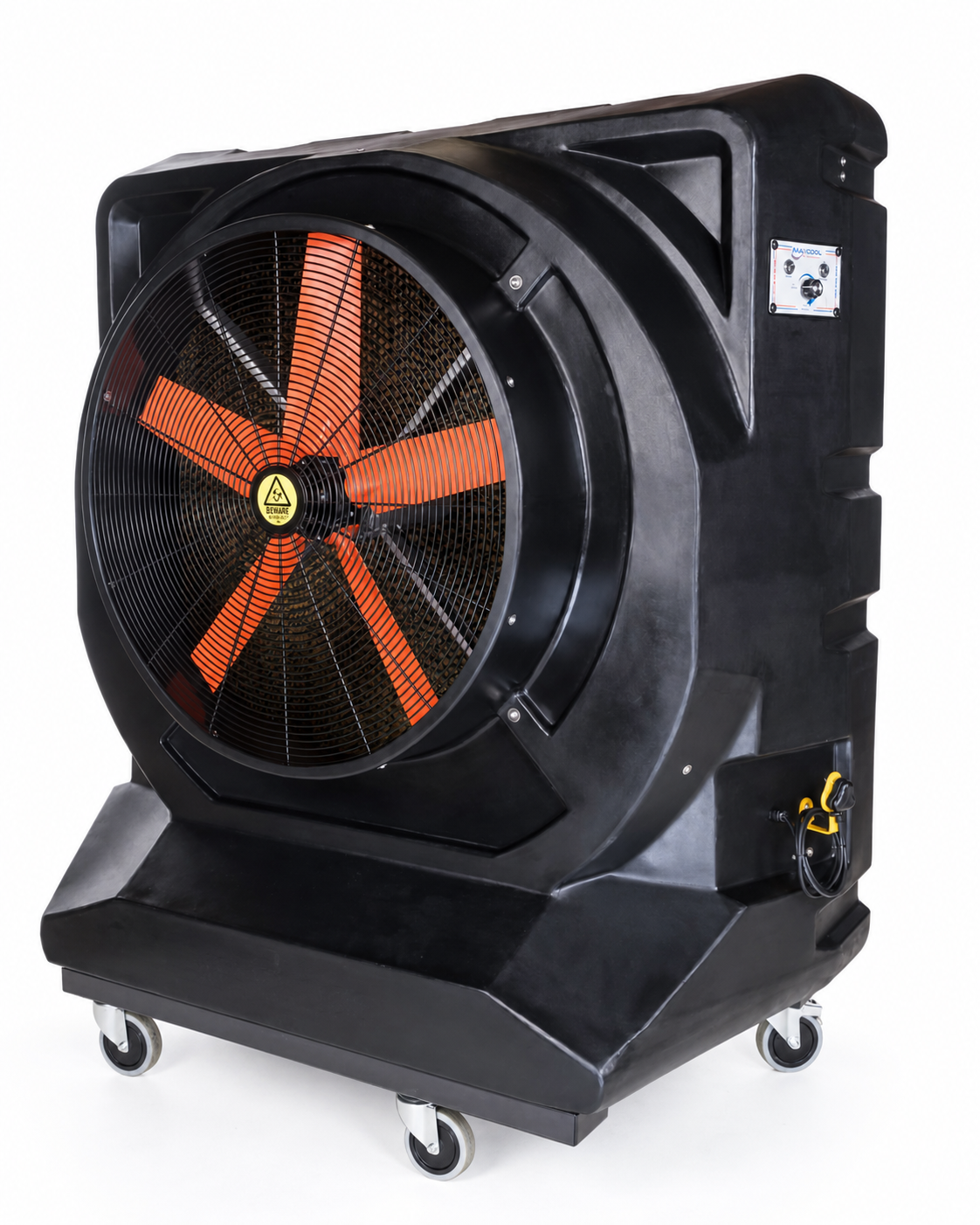 MaxCool Omega industrial evaporative cooler with full caster wheels for factories and warehouses
