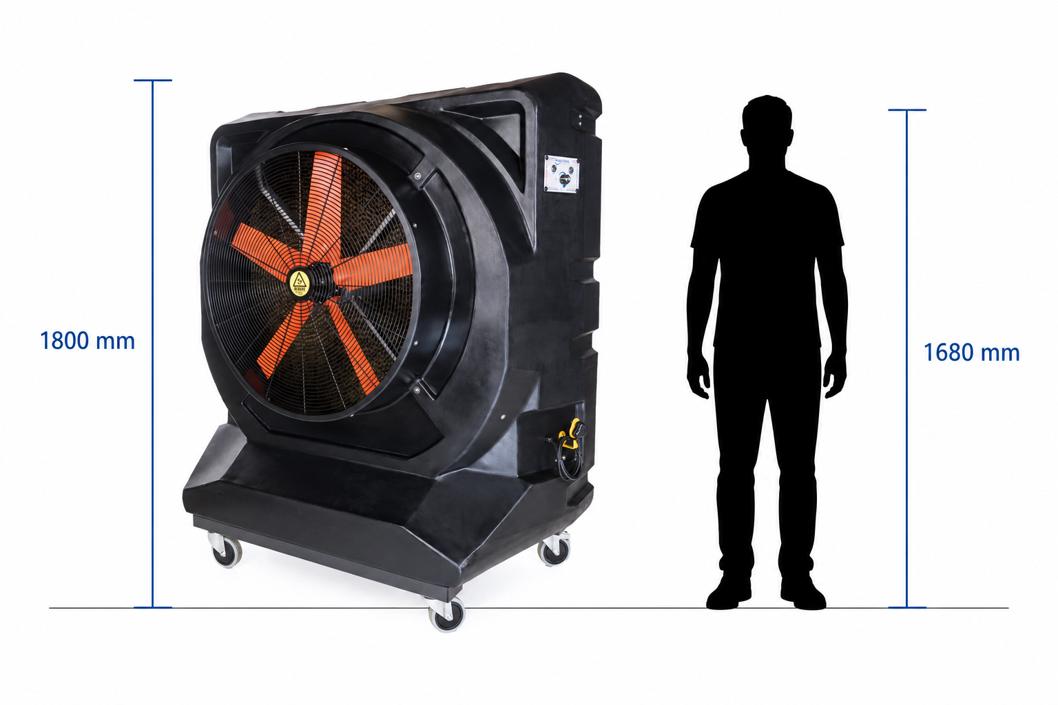 Black silhouette of a 1680 millimetre man beside a 1800 millimetre MaxCool Omega evaporative cooler
