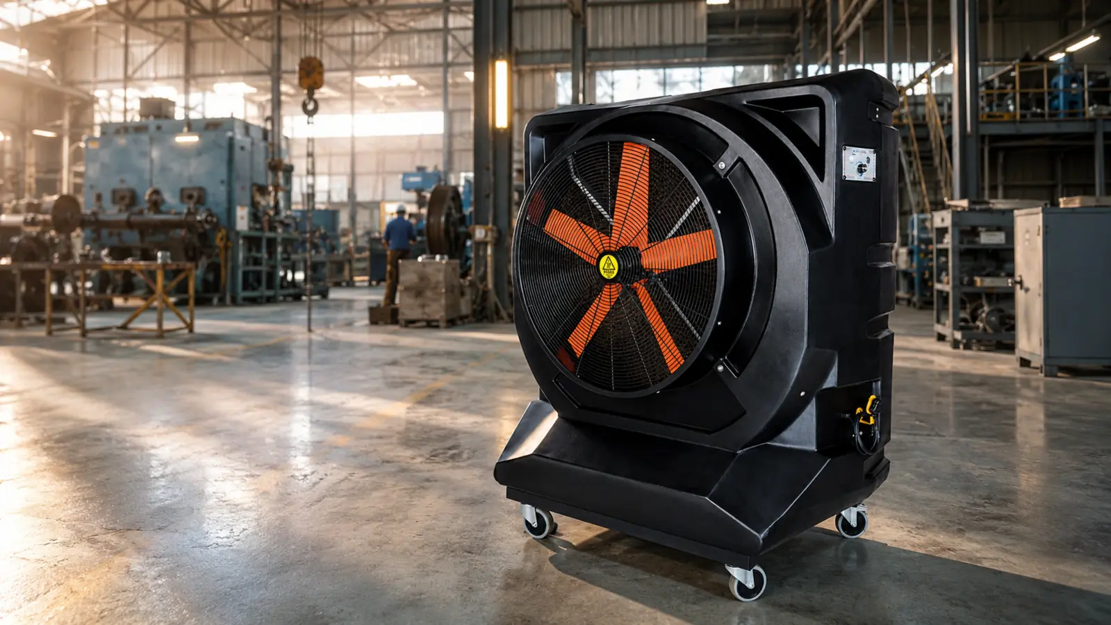 MaxCool Omega mobile evaporative cooler in an industrial workshop in South Africa.